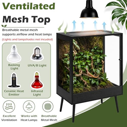 32" x 18" x 36" Tall Reptile Terrarium with Leg Stand, 90 Gallon Vertical Glass Chameleon Cage with Front Opening Doors, Ventilated Mesh Top, Rainforest Habitat for Arboreal Reptiles, Black