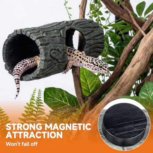 Magnetic Crested Gecko Hide - Resin Hollow Log Cave, Reptile Hide Cave, Reptile & Amphibian Habitat Hideouts, Climbing Toy Reptiles Tank Accessories Terrarium Decor