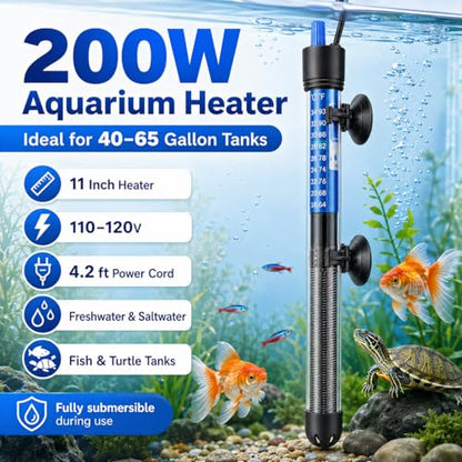 Mylivell Fish Tank Aquarium Heater - Adjustable Submersible 200W Aquarium Heater with Thermostat for 40-65 Gallon Betta, Turtle, Saltwater and Freshwater Tanks