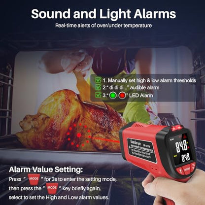 Infrared Thermometer Gun, Gedaye Laser Temperature with IR Pointer 13:1, Meat Temp Gun with Metal Probe, Adjustable Emissivity, -58℉ to 1076℉, Heat Thermometer for Cooking Pizza Oven Grill Fridge BBQ - color: Red