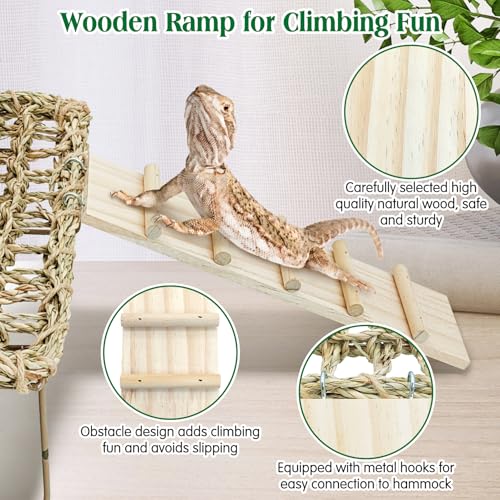 kathson Bearded Dragon Hammock with Ladder, Seagrass Reptile Basking Hammock with Metal Legs, Adjustable Lizard Bed Tank Accessories Decor for Amphibian Gecko Snake Hermit Crab Chameleon Climbing