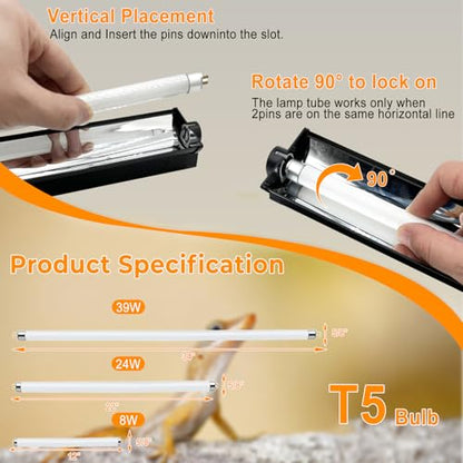 24W T5 UVB Reptile Light Fixture 22" with 2 Pack 24W UVB Bulbs – UVA UVB Lighting Kit for Bearded Dragons, Lizards & Tortoises