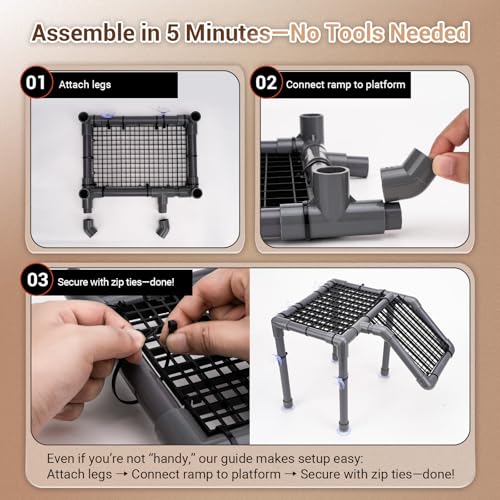 Turtle Basking Platform with Adjustable DIY Ramp, Durable PVC Pipes & Secure EggCrate Suction Cups – Spacious Basking Platform for Aquatic Turtles, Essential Aquatic Resting Area for Turtle Tanks