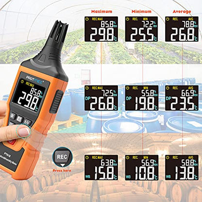 PT618 Temperature Humidity Meter - Wet Bulb for Indoor/Outdoor | Thermometer Hygrometer Monitor with Ambient, Dew Point, MIN, MAX, Data Hold, LCD Backlight - size: PT618