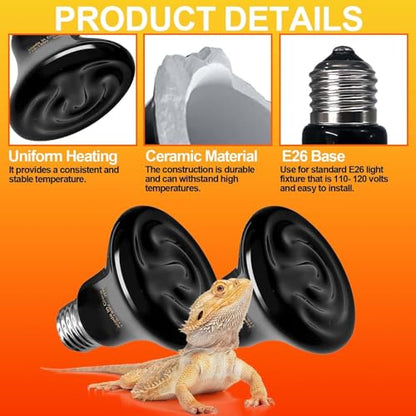 BNOSDM 50W Ceramic Heat Emitter,2 Pack Reptile Heat Lamp Bulbs,Ceramic Heat Lamp,Brooder Coop Heater for Amphibian Reptile Turtle Lizard Chicken - color: Pack of 2/Black, size: 50 Watts