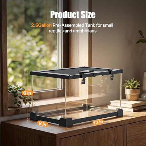2.5 Gallon Fully Assembled Glass Reptile Enclosure, 12" x 8" x 6" | Top Opening Small Reptile Terrarium Tank for Tiny Terrestrial Reptiles, Amphibians & Invertebrates - size: 12"L x 8"W x 6"H