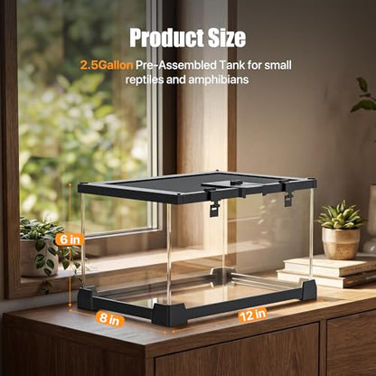 2.5 Gallon Fully Assembled Glass Reptile Enclosure, 12" x 8" x 6" | Top Opening Small Reptile Terrarium Tank for Tiny Terrestrial Reptiles, Amphibians & Invertebrates - size: 12"L x 8"W x 6"H