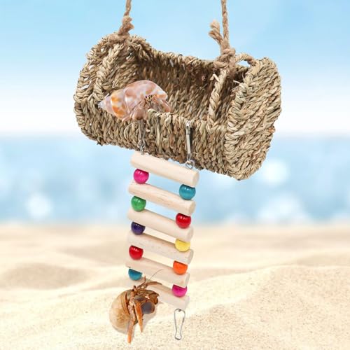 Hermit Crab Hideout with Ladder, Wooden Hermit Crab Climbing Toys, Aquariums Ladder Bridge Ramp Toy, Small Animals Tank or Cage Accessories, Habitat for Hermit Crab Hamsters Rats Birds Parrots