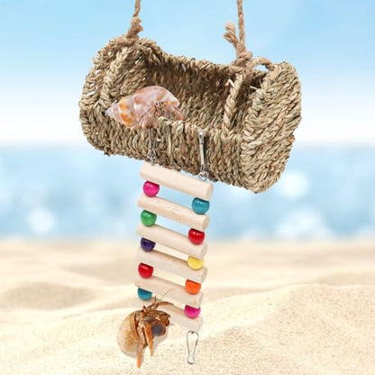Hermit Crab Hideout with Ladder, Wooden Hermit Crab Climbing Toys, Aquariums Ladder Bridge Ramp Toy, Small Animals Tank or Cage Accessories, Habitat for Hermit Crab Hamsters Rats Birds Parrots