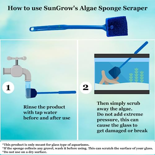 SunGrow Aquarium, Crested Gecko, Hermit Crab Sponge Scraper Cleaner, 16” x 2”, Double-Sided Blue Sponge, Freshwater & Saltwater Fish Tank Maintenance, for Glass Surfaces Only