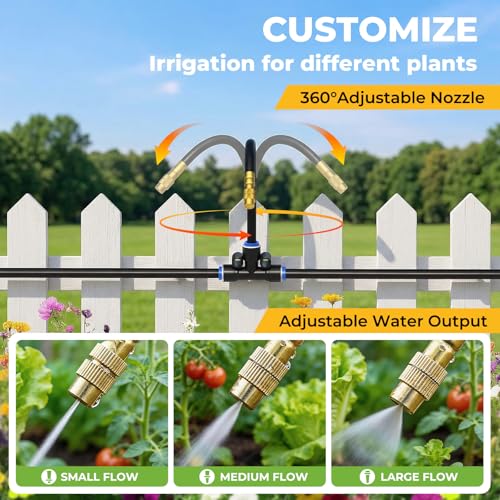 50FT Drip Irrigation Kit, 360° Adjustable Garden Watering System with 1/4" Tubing, Brass Misting Nozzles, DIY Irrigation System for Plants, Raised Beds, Greenhouse - size: 50FT