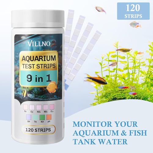9 in 1 Aquarium Test Strips, 120 Count Fish Tank Water Testing Kit for Freshwater Saltwater Pond, Testing: Fe, Cu, Nitrate, Nitrite, Chlorine, GH, Alkalinity, Carbonate, PH