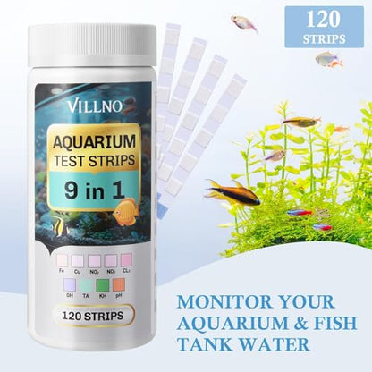 9 in 1 Aquarium Test Strips, 120 Count Fish Tank Water Testing Kit for Freshwater Saltwater Pond, Testing: Fe, Cu, Nitrate, Nitrite, Chlorine, GH, Alkalinity, Carbonate, PH