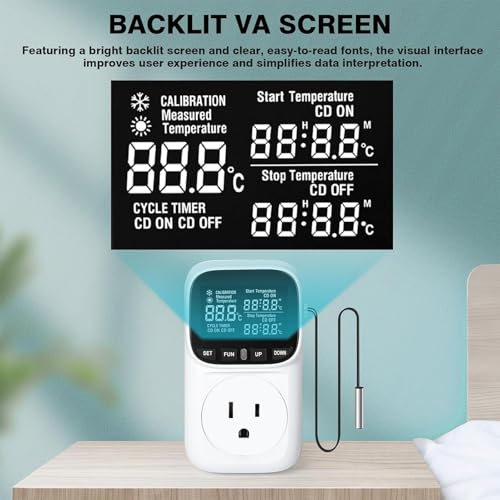 Digital Thermostat Socket, Only Fahrenheit Countdown | Temperature Controller VA Display Heating Cooling Mode Timer with Sensor for Reptile Greenhouse Fermentation Home, -40℉~210℉