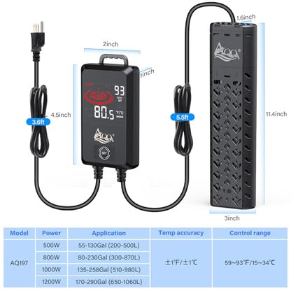 AQQA Fish Tank Heater 1000W for 135-258 Gallon Aquarium | Quartz Glass, Betta Fish Submersible Heater Thermostat, Intelligent Controller, Freshwater and Saltwater, AQ197-1000W - size: 1000W (for 135-258Gal Tank)