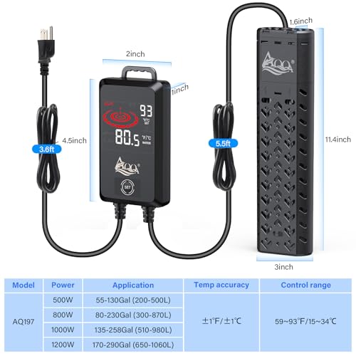 AQQA Aquarium Heater 800W for 80-230 Gallon | Quartz Glass Submersible, Betta Fish Heater, Overheat & Dry-Run Protection, Adjustable Temp Range 59-93℉, AQ197-800W - size: 800W (for 80-230Gal Tank)