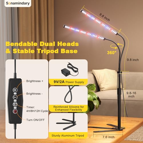 LED Grow Lights for Indoor Plants, Tripod Stand, Dual Head | 120 LEDs, Upgraded 9V System, 9.8-35 in Adjustable Tripod, 5700K Full Spectrum, CRI 90+, 4/8/12H Timer, 5 Brightness Levels - size: Stand-2 Head
