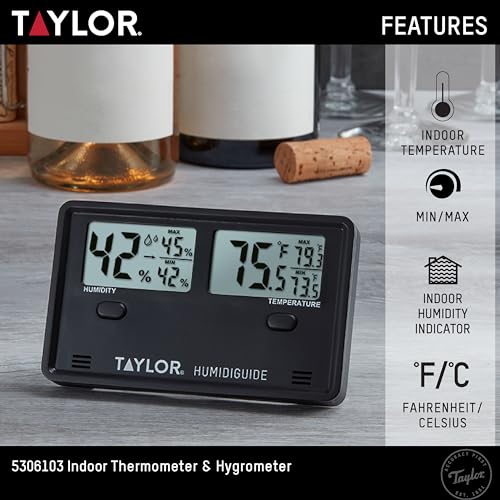 Taylor Wireless Digital Indoor Outdoor Thermometer and Hygrometer, Dual Display for Temperature and Humidity, Easy-to-Read for Home, Office, Greenhouse, Nursery, and Indoor Areas, Min/Max Black - color: Black, style: Dual Display