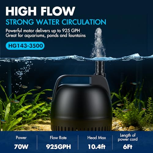 hygger 925GPH Submersible Pump Aquarium, Fish Tank Water Pump Adjustable Flow with 2 Nozzles, 10.4 ft High Lift Quiet Fountain Pump for Aquarium, Pond, Hydroponics, Water Garden - size: L