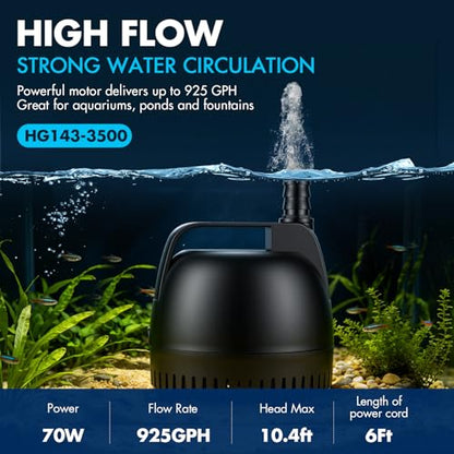 hygger 925GPH Submersible Pump Aquarium, Fish Tank Water Pump Adjustable Flow with 2 Nozzles, 10.4 ft High Lift Quiet Fountain Pump for Aquarium, Pond, Hydroponics, Water Garden - size: L