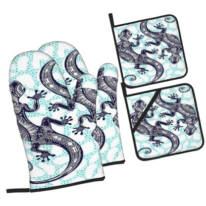 Gecko Lizard Abstract Reptile Animal 4-Piece Oven Mitts and Handle Covers Set - Heat Resistant Baking Gloves for Kitchen BBQ Grilling