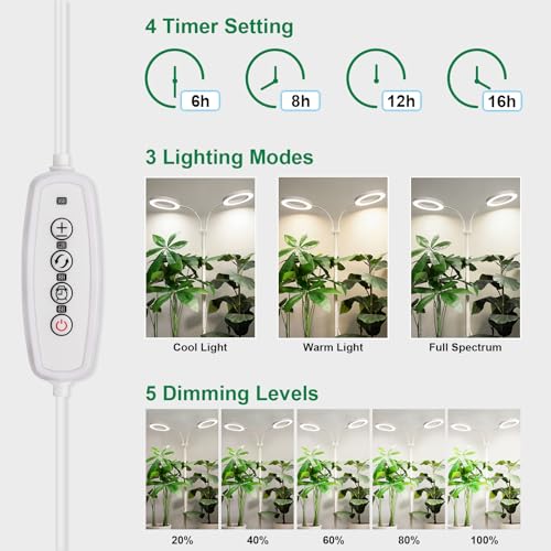 LBW Dual Head Grow Light with Stand for Indoor Plants, Full Spectrum Grow Light for Multiple Tall Plants, Adjustable Height up to 68", Auto Cycle Timer 6/8/12/16H, 5-Level Dimmable, 3 Lighting Modes - size: 2 Head 6.3" White
