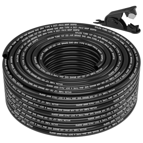 1/2" DOT Air Line, 100FT SAE J844 PA12 Nylon Air Tubing with Cutter | 1/2" DOT-Approved Brake Line, Flexible PA12 Nylon Tubing for Air Suspension Kit, Truck Trailer Brake System & Fluid Transfer - size: 1/2" OD 100FT