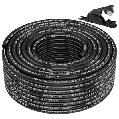 1/2" DOT Air Line, 100FT SAE J844 PA12 Nylon Air Tubing with Cutter | 1/2" DOT-Approved Brake Line, Flexible PA12 Nylon Tubing for Air Suspension Kit, Truck Trailer Brake System & Fluid Transfer - size: 1/2" OD 100FT