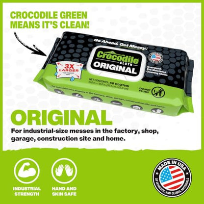 Crocodile Cloth Original Heavy-Duty Hand & Tool Wipes, 50 Count | Multi-Surface, Water-Based, Safe on Skin, 15" x 10" - size: 50 Count (Pack of 1)