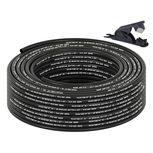 1/4" DOT Air Line, 100FT SAE J844 PA12 Nylon Air Tubing with Cutter | 1/4" DOT-Approved Brake Line, Flexible PA12 Nylon Tubing for Air Suspension Kit, Truck Trailer Brake System & Fluid Transfer - size: 1/4" OD 100FT