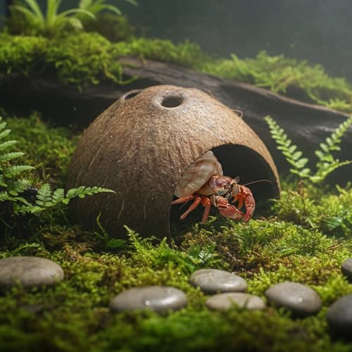 Hypeety Natural Coconut Reptile Habitat Hideout Hermit Crab Hut for Tank | Natural coconut shell, sturdy fish hide cave, organic non-toxic aquarium decoration, for reptile/lizard/spider/hamster/snake