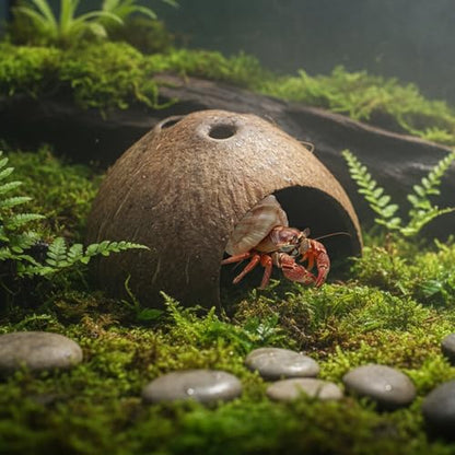 Hypeety Natural Coconut Reptile Habitat Hideout Hermit Crab Hut for Tank | Natural coconut shell, sturdy fish hide cave, organic non-toxic aquarium decoration, for reptile/lizard/spider/hamster/snake
