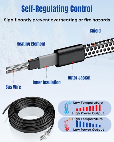Pawfly 12 FT Heat Tape for Water Pipes, 8 W/ft 120 V Pipe Heating Tape, Self-Regulating Heat Trace for Pipe Freeze Protection, Heating Cable for Pipes Roofs, Keep Water Flowing at -40 °F - style: 12 ft