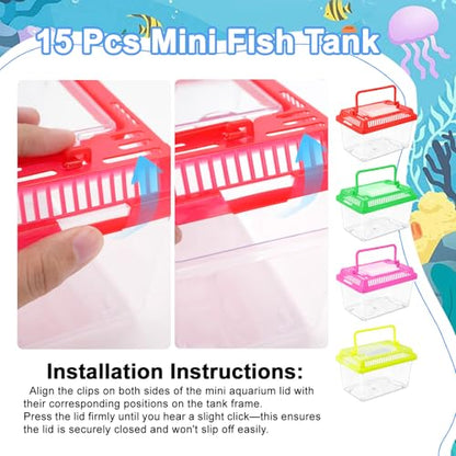 15 Pcs Small Plastic Reptile Carrier, Tarantula Enclosure Snake Breeding Box, Mini Fish Tank Portable, Beach Aquarium for Turtle Hermit Crab Spider Snake Bearded Lizard (5.1 x 3.5 x 3.5)