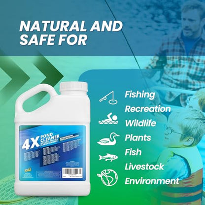 1 Gallon 4X Pond Cleaner - Treats Like 4 Gallons & Covers 4 Acres - Pond Cleaner for Outdoor Ponds, Pond Muck and Sludge Remover for a Clean, Natural Look, Ideal Pond Clarifier for Outdoor Ponds - size: 1 Gallon