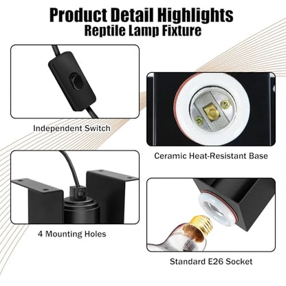 Reptile Ceramic Socket Heat Lamp Fixture, 2Pcs Terrarium Clamp Light Holder for Lizard, Gecko, Snake, Bearded Dragon, Dual On/Off Switch, 300W Max (Bulbs Not Included) - size: Concave Style