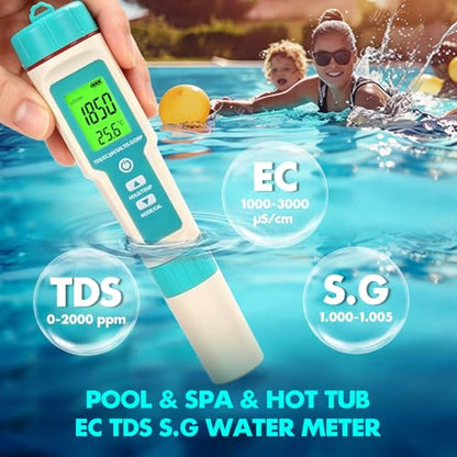 7 in1 Pool Thermometer, PH & Salt Meter, Digital Pool TDS EC ORP SG Salinity Test Kit, Professional High Accuracy Water Quality Tester & Monitor for Swimming Pool, Spa, Hot Tub, Hydroponics & Aquarium