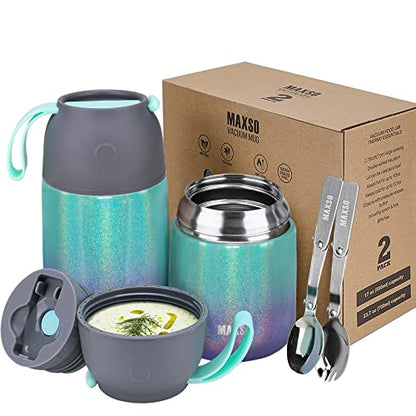 MAXSO 2 Pack Soup Thermo for Hot & Cold Food for Kids Adults, Vacuum Insulated Food Jar Thermal Lunch Containers, Travel Food Flask with Spoon (24 oz,17 oz) (Glitter Rainbow) - color: Rainbow