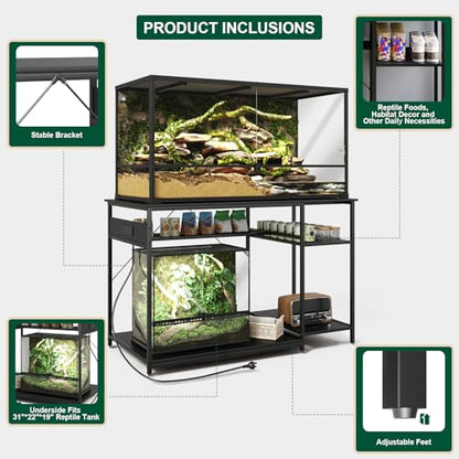 120 Gallon Fish Tank Stand with Power Outlets, Heavy Duty Large Aquarium Stand with Light, Double Reptile Tank Turtle Terrariums Table for Fish Tank Accessories Storage,1100LBS Capacity - color: Black