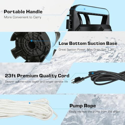 KITLUCK Submersible Water Pump, 1-1/4HP 4500GPH High Flow Sump Pump with Float Switch, 23ft Power Cord, Portable Utility Water Pump for Swimming Pool, Garden Pond, Flood Basement, Tub Water Removal - style: 1-1/4 Submersible Pump