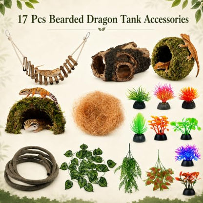 17 Pcs Bearded Dragon Tank Accessories Hermit Crab Accessories Natural Habitat Toy Artificial Moss and Plants Suction Cups for Lizard Chameleon Leopard Gecko Reptile Amphibian Tank Decoration - style: Mossy Style