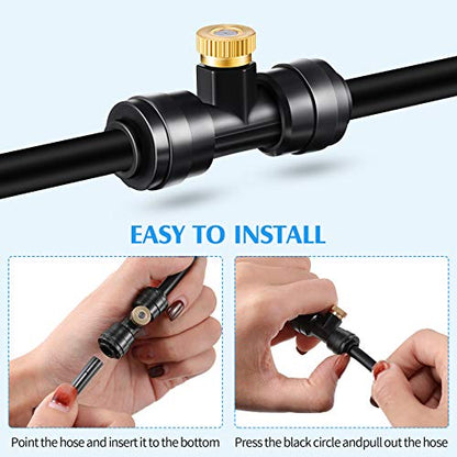 Ripeng 72 Pcs Brass Misting Nozzles Tees Plugs, 1/4 Inch Outdoor Mister | 30 Misting Nozzle Tees, 36 Brass Nozzles And 6 Black End Plugs For DIY Outdoor Patio Garden Backyard Cooling Spray System