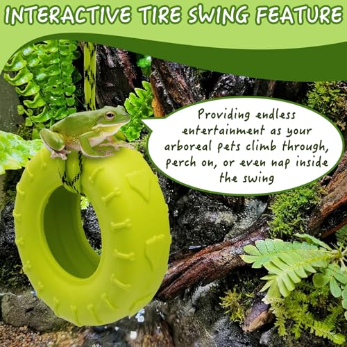 Tree Frog Habitat Toy Plastic Leaf Decorations Tire Swing Habitat Miniature with Suction Cups Frog Habitat Platform Terrarium Decor Accessories for Crested Geckos, Leopard (Green)