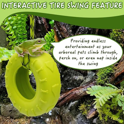 Tree Frog Habitat Toy Plastic Leaf Decorations Tire Swing Habitat Miniature with Suction Cups Frog Habitat Platform Terrarium Decor Accessories for Crested Geckos, Leopard (Green)