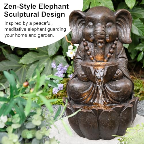 Glitzhome Outdoor Fountains, Water Fountains Outdoor with Lights&Pump, 21.75" H 2-Tiered Zen-Style Bronze Polyresin Elephant Garden Fountain Floor Standing Waterfall for Patio, Porch, or Yard Decor - color: Bronze Elephant, size: 22"H