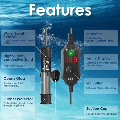 50W Compact Aquarium Heater for 5-10 Gallon Tanks | Super Short Submersible Fish Tank Heater with LED Digital Thermostat, Dry-Run & Overheat Protection, Memory Function - size: For Tanks 5-10 Gal