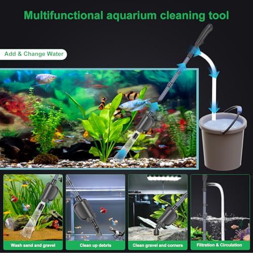 Electric Aquarium Gravel Cleaner, 36W 580 GPH Water Changer and Filter | Adjustable flow, 15 cm telescopic tube, 1.5 m hose, reusable sponge, low-water cleaning, and tool-free assembly