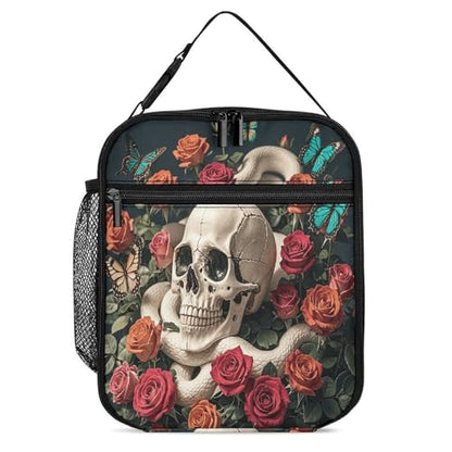 Skeleton Rose Bush Snake And Butterfly Insulated Lunch Bag for Women Men Large Capacity Reusable Lunch Box Leak-Proof Cooler Tote with Front Pocket for Office, Work, Picnic, Travel