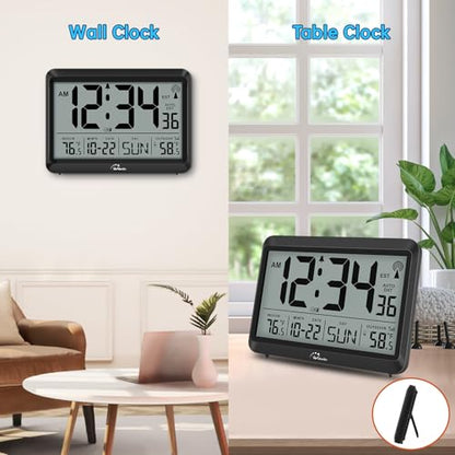 8.5'' Digital Atomic Clock with Indoor Outdoor Temp | Battery Operated Self-Setting Clock with Day and Date, 4 Time Zones, Auto DST, Suitable for Classroom, Office, Living Room - size: 8.5 INCH