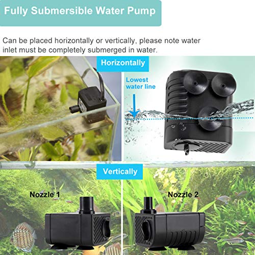 hygger Ultra Quiet 53GPH (200L/H, 3W) Submersible Mini Water Pump Comes with 2 Nozzles, for Aquariums, Fish Tank, Fountain, Hydroponics, Max Lift Height 1.7ft ,120V/60HZ, Power Cord 6ft